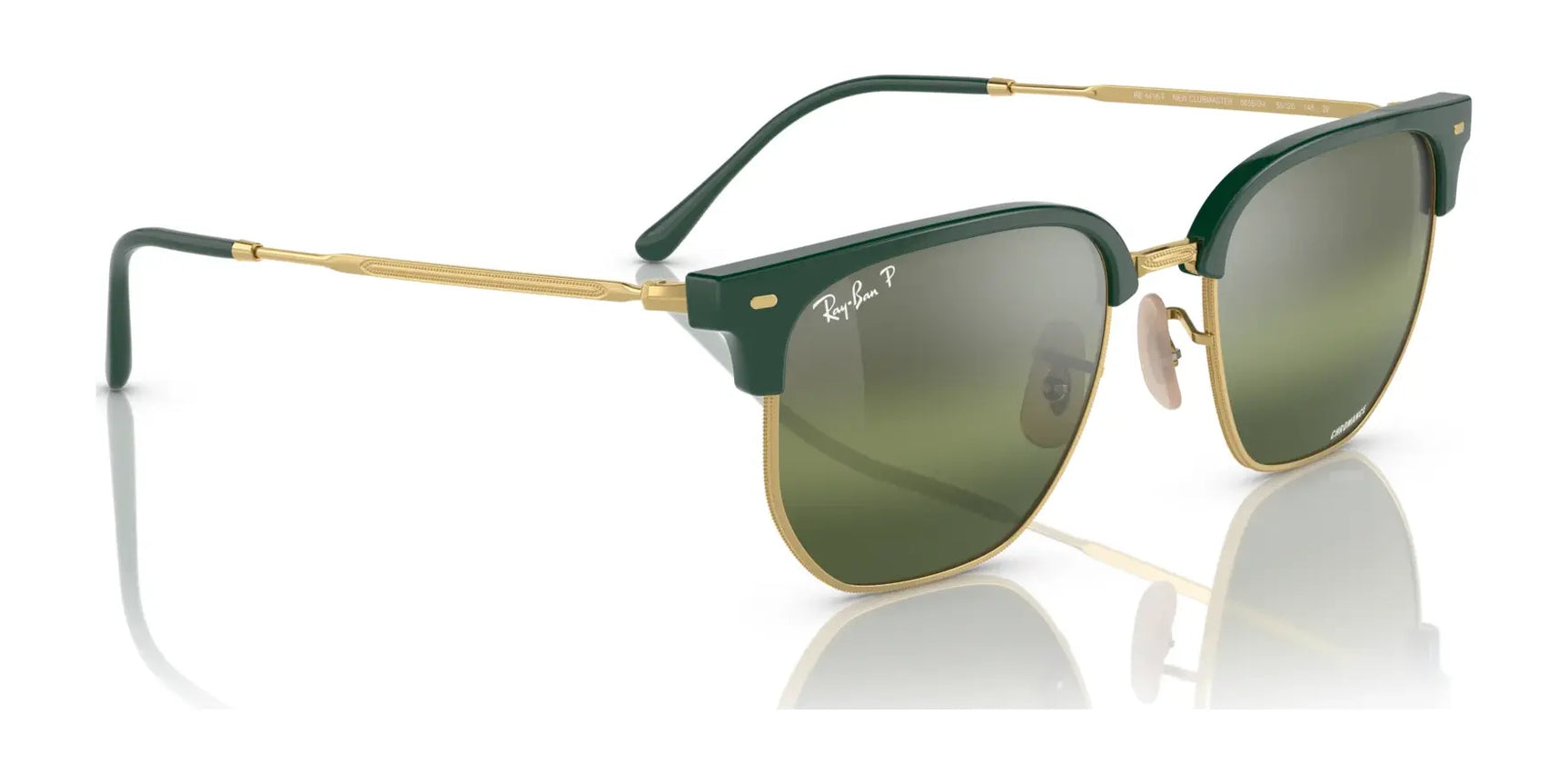 Ray-Ban NEW CLUBMASTER RB4416F sunglasses in green and gold feature polarized, reflective lenses on a white background.