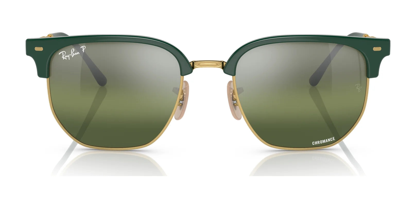 Ray-Ban NEW CLUBMASTER RB4416F Sunglasses in green and gold with polarized lenses rest stylishly on a white background.