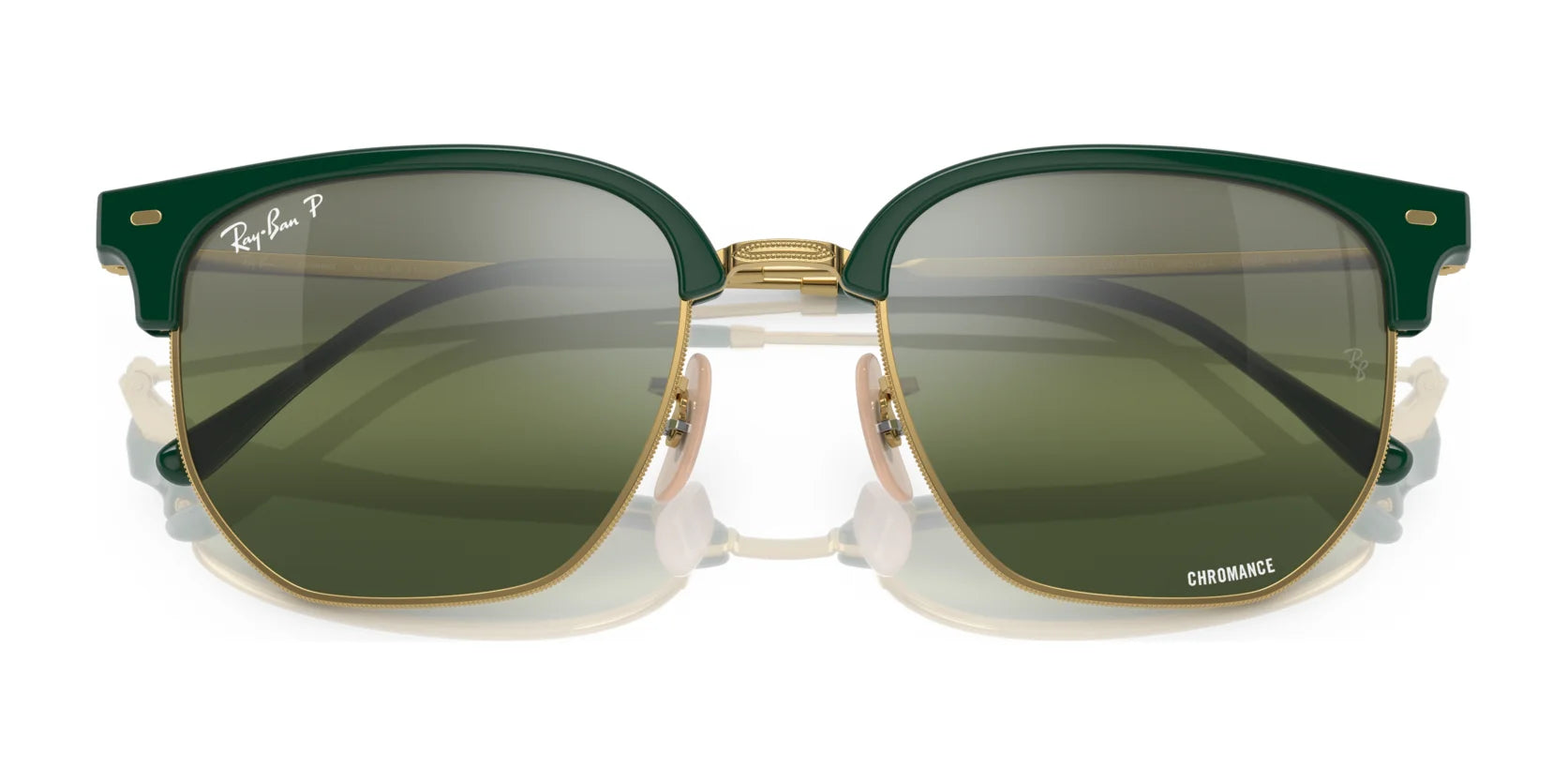 Ray-Ban NEW CLUBMASTER RB4416F sunglasses in green and gold with polarized lenses, featuring the iconic design and logo on the lens, size 55.