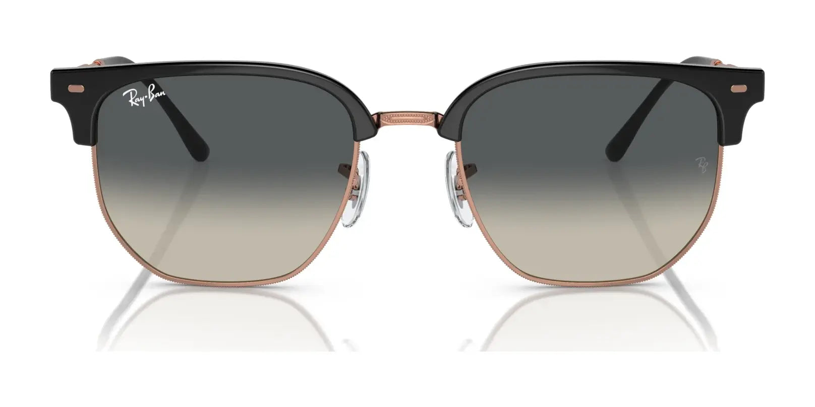 Ray-Ban's NEW CLUBMASTER RB4416F sunglasses, size 55, showcase a Clubmaster design with black upper rims, gold accents, and gradient polarized lenses against a white backdrop.