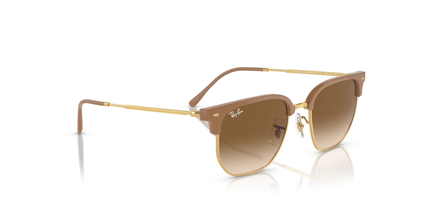 Ray-Ban NEW CLUBMASTER RB4416F sunglasses feature a stylish brown and gold frame with gradient, polarized lenses on a white background. Size 55.