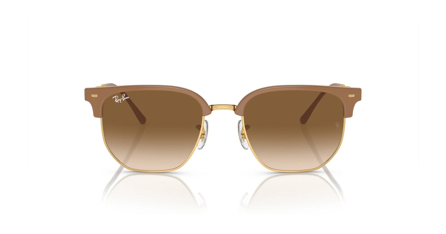 The Ray-Ban NEW CLUBMASTER RB4416F Sunglasses, size 55, boast a stylish gold frame and gradient brown lenses. Showcased from the front against a white background, they exemplify timeless design and sophistication.