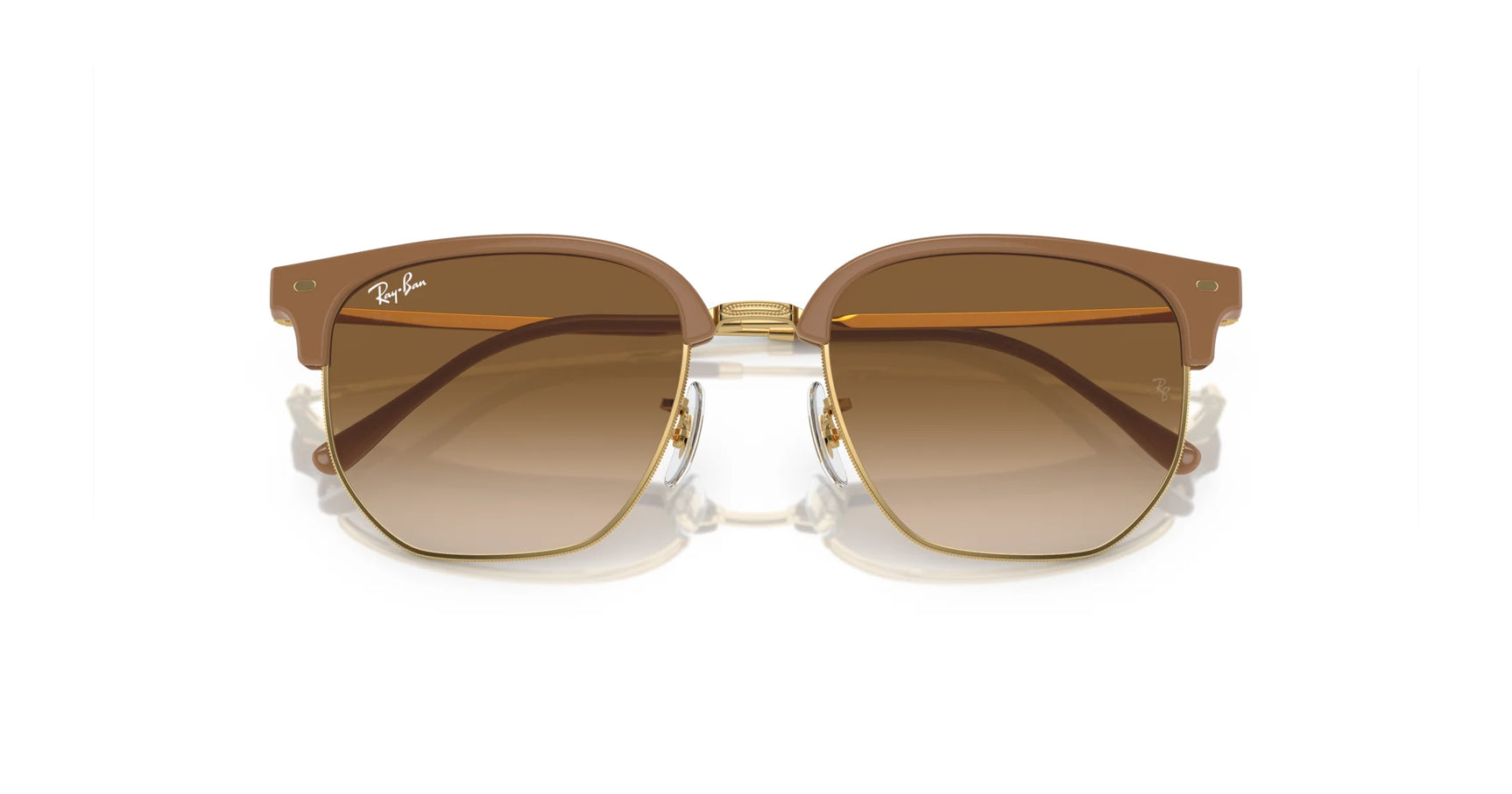 Ray-Ban NEW CLUBMASTER RB4416F Sunglasses, size 55, feature brown gradient polarized lenses with a gold frame and clear nose pads, viewed from the front.