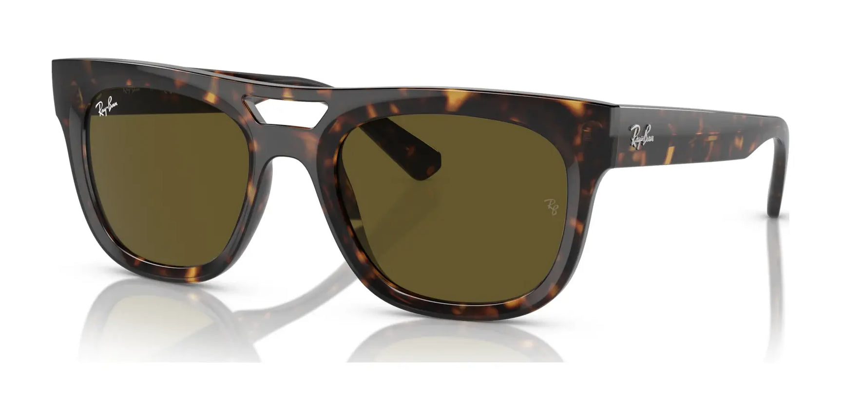 Ray-Ban PHIL RB4426 sunglasses, size 54, feature a tortoiseshell design with squared silhouette, green lenses, bevelled acetate, and branded temples; displayed on a white background.