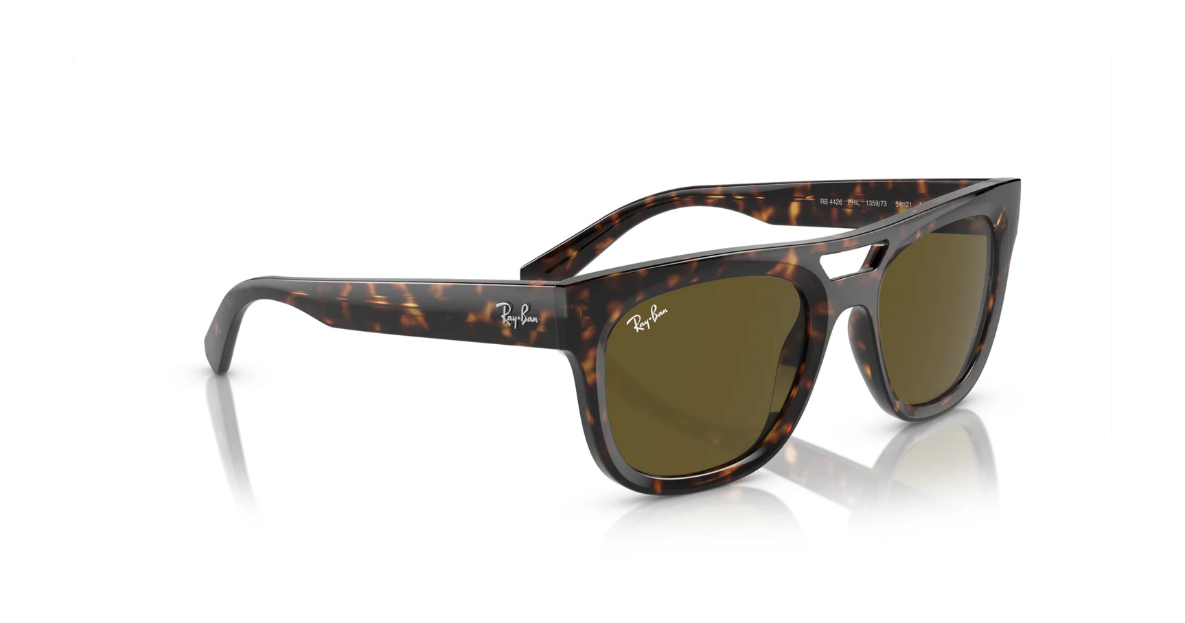 Ray-Ban PHIL RB4426 tortoiseshell sunglasses, size 54, with green lenses and logo on the arms, feature a squared silhouette crafted from beveled acetate and are displayed on a white background.