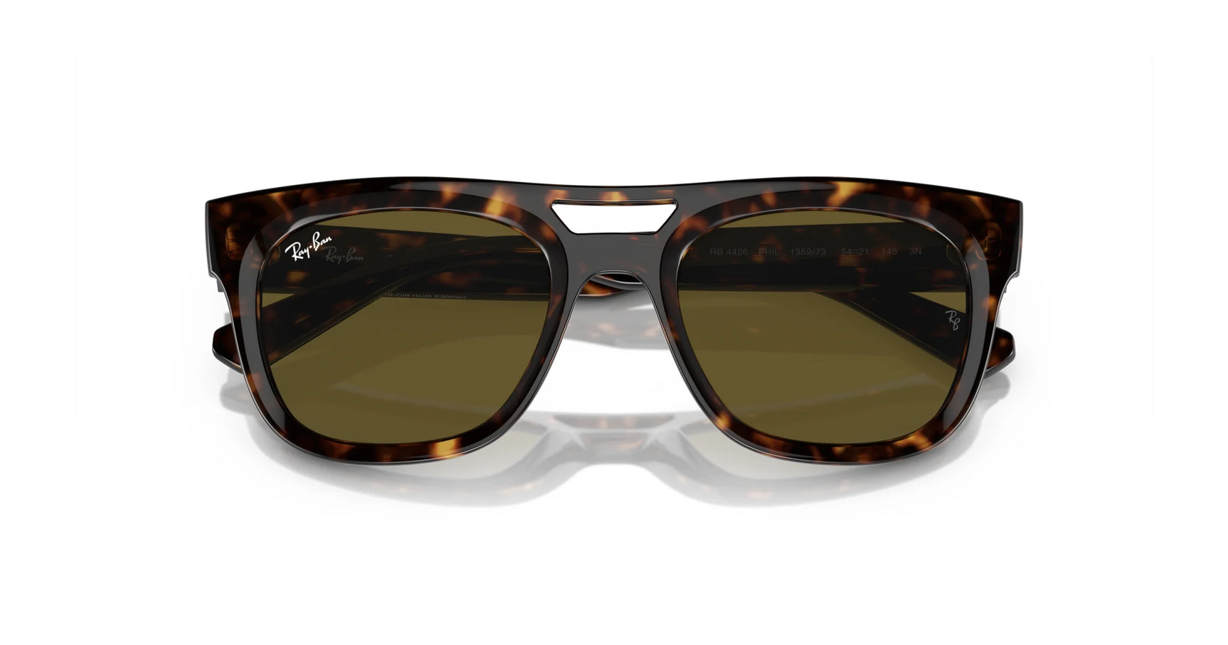 Ray-Ban PHIL RB4426 tortoiseshell sunglasses in size 54, featuring a squared silhouette and dark lenses made from bio-based acetate, shown against a white background.