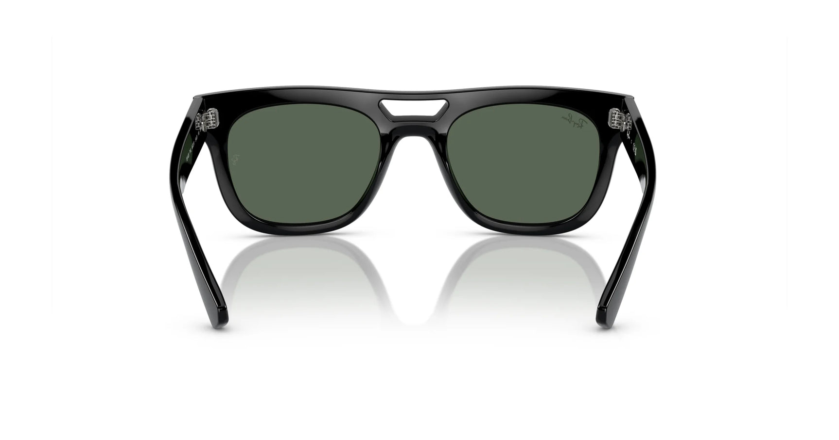 The Ray-Ban PHIL RB4426 Sunglasses, size 54, are shown front view with squared silhouette, black frames, dark green lenses, and slightly extended arms.