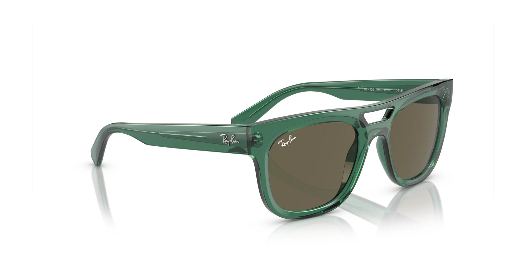 The Ray-Ban PHIL RB4426 Sunglasses, size 54, feature a squared design with green translucent frames, brown lenses, and a logo on the arms.