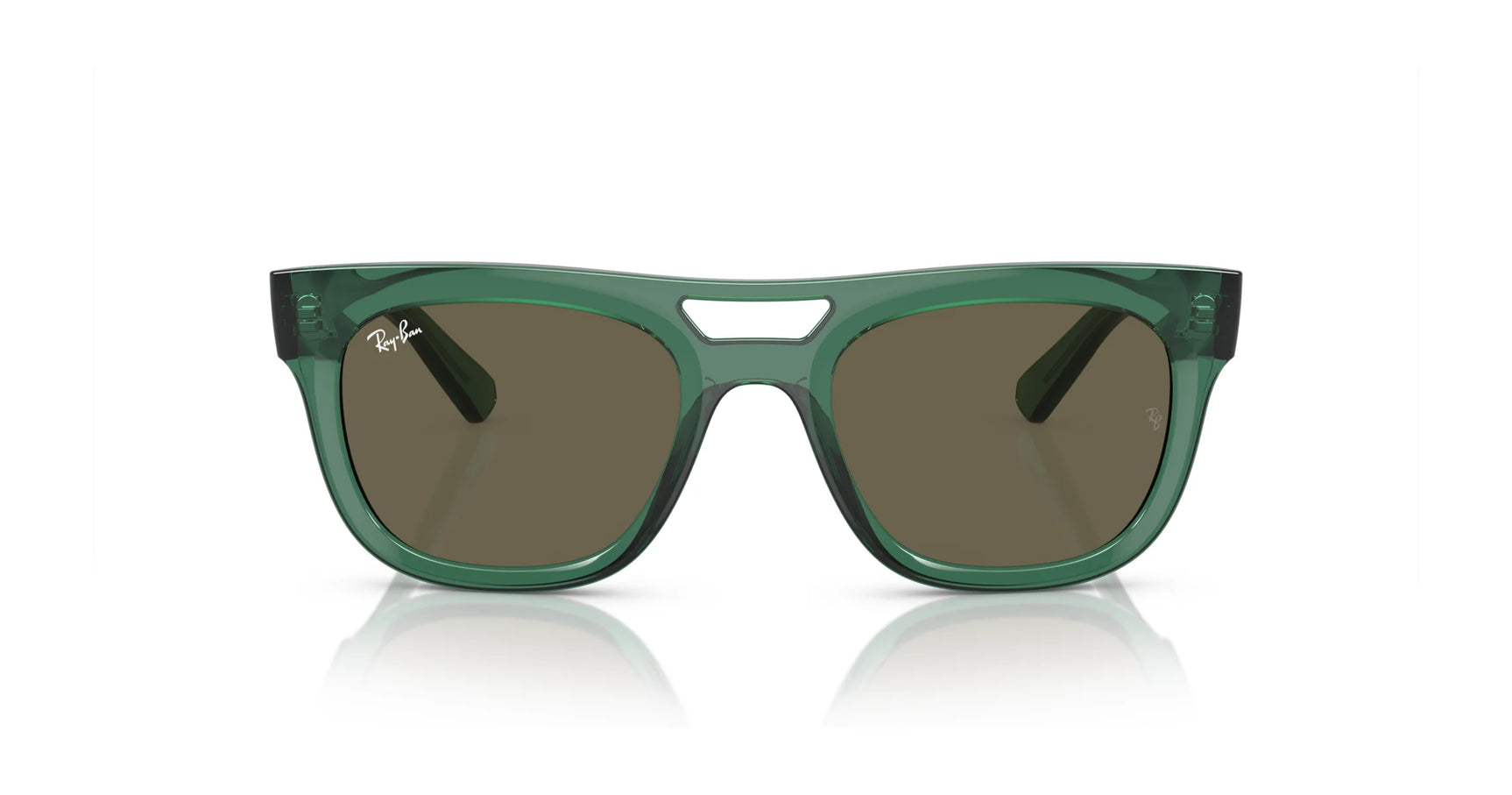 Ray-Ban PHIL RB4426 Sunglasses, Size 54, showcase a squared silhouette and bevelled acetate frame with green shades and dark lenses against a pristine white background.