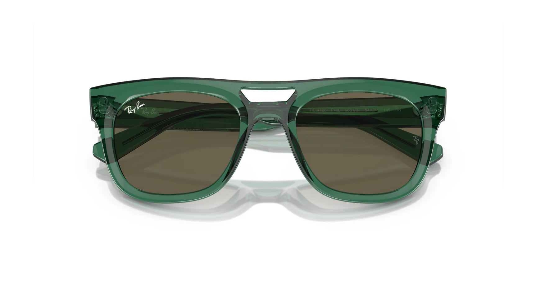 The Ray-Ban PHIL RB4426 sunglasses, size 54, feature a green square frame and dark UV-protected lenses.