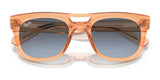 The Ray-Ban PHIL RB4426 sunglasses, Size 54, showcase a squared silhouette with orange-tinted frames and blue lenses, elegantly displayed on a reflective surface.