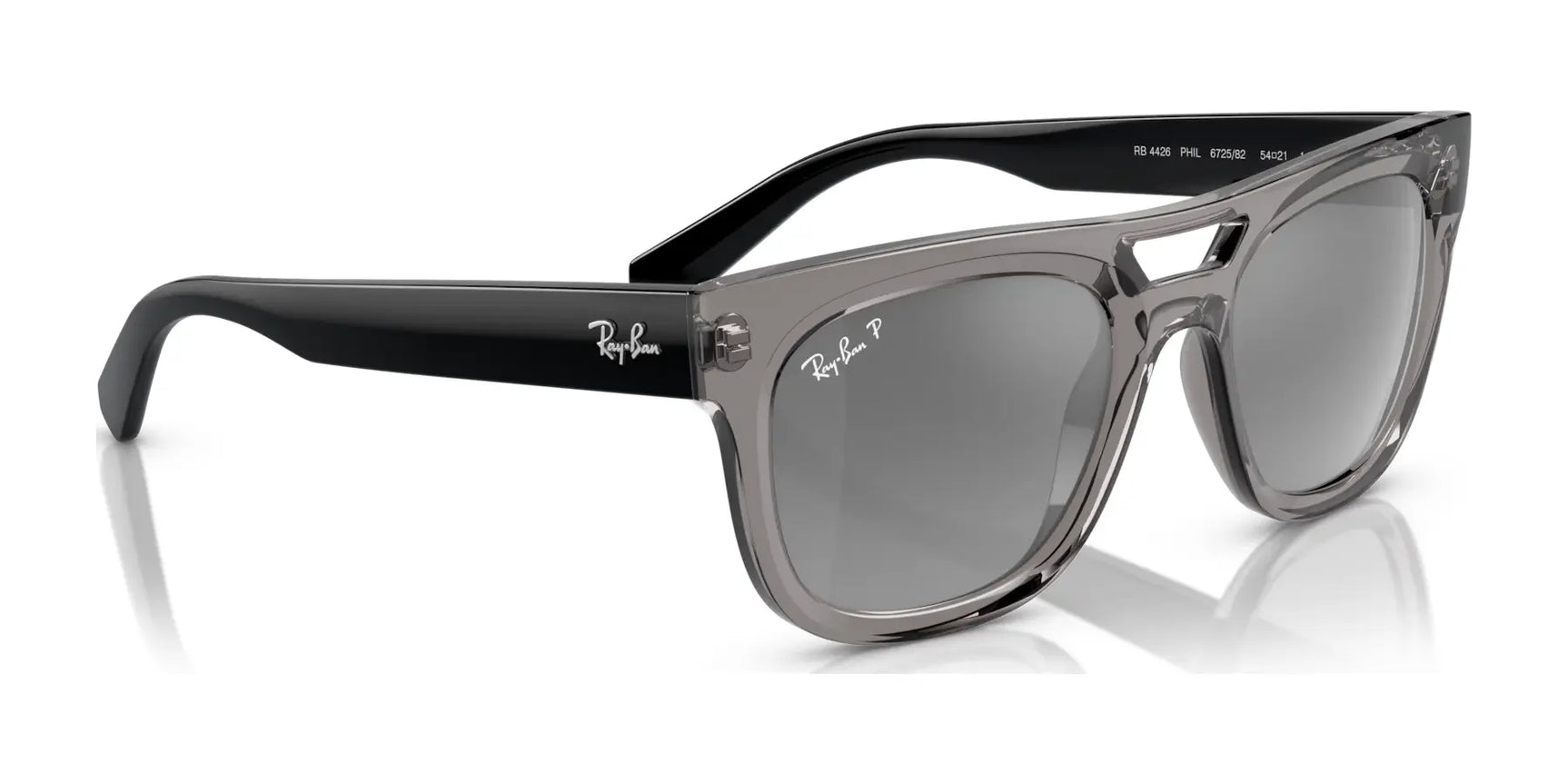 Ray-Ban PHIL RB4426 sunglasses in gray and black showcase a squared silhouette with tinted lenses, featuring the iconic logo on both lens and arms, all presented against a crisp white backdrop. Size 54.