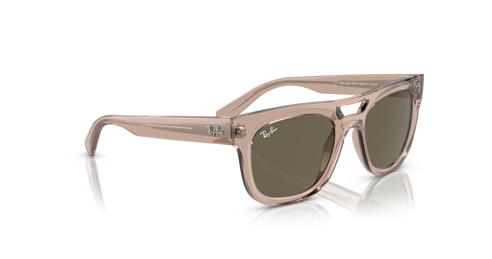 The Ray-Ban PHIL RB4426 Sunglasses in size 54 feature a squared silhouette with clear acetate frames, green-tinted lenses, sleek design, and subtle temple branding.