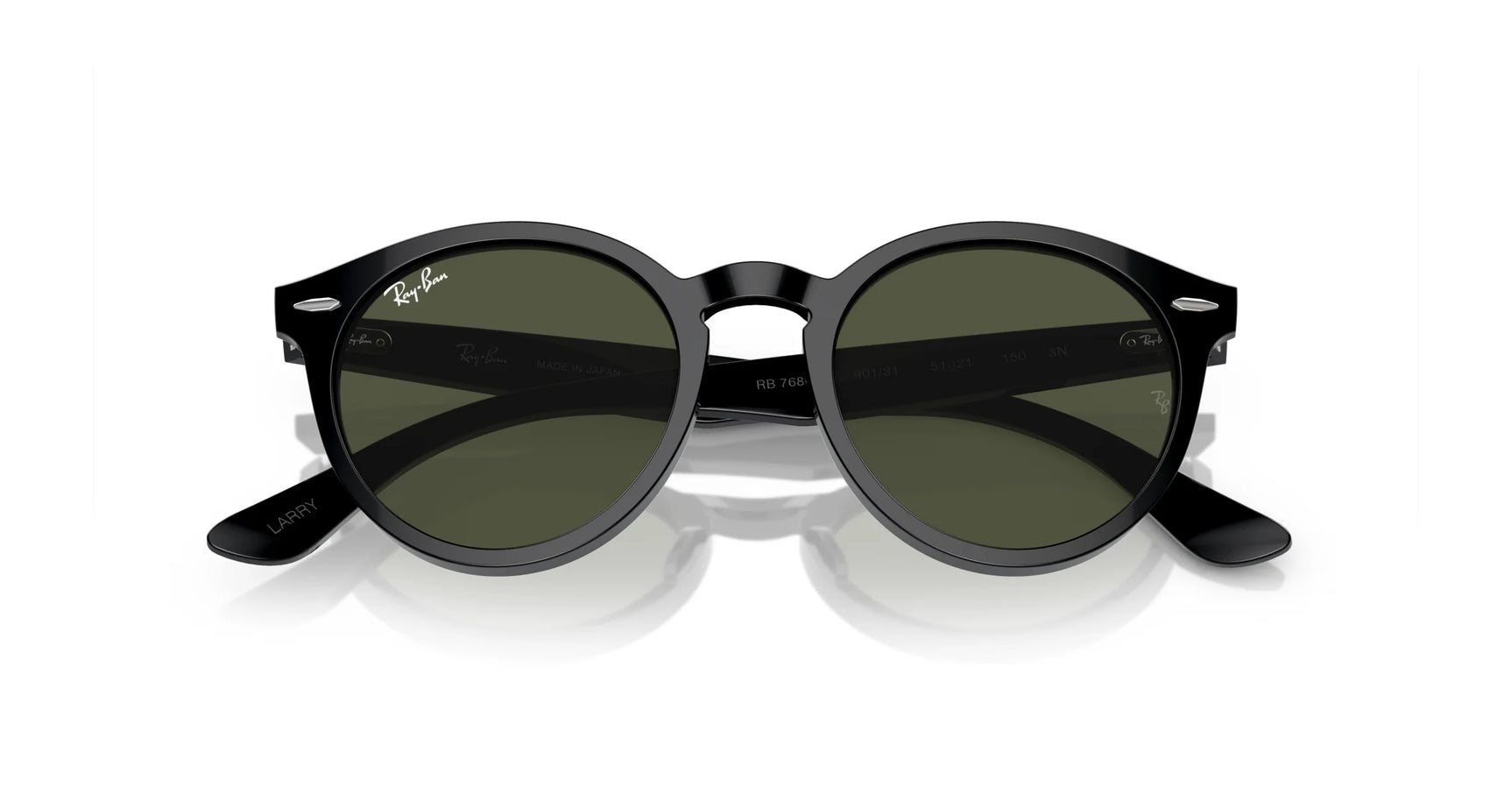 The Ray-Ban LARRY RB7680S sunglasses showcase a retro, classic round design with sleek black acetate frames contrasting dark green lenses on a pristine white background.