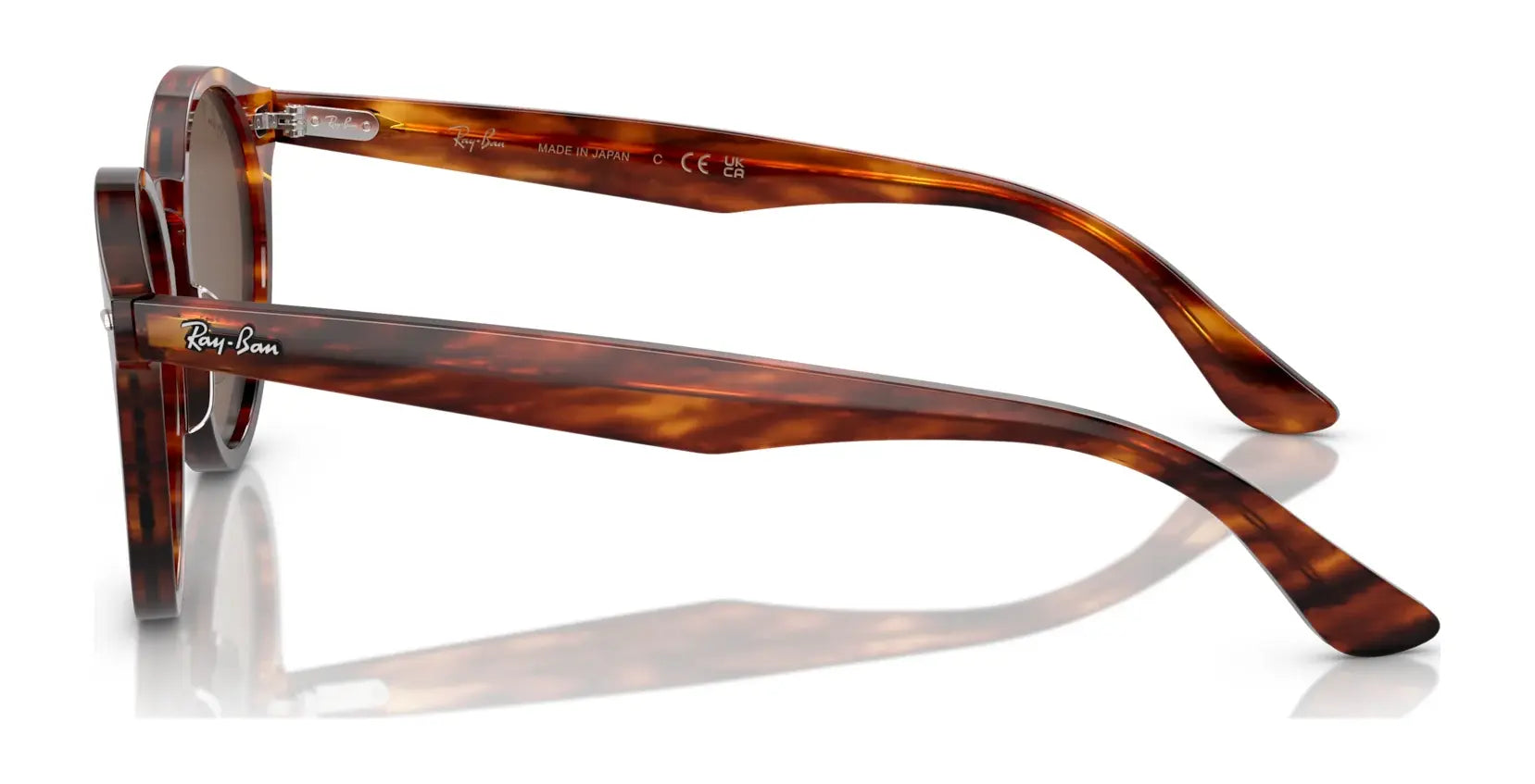 Side view of Ray-Ban LARRY RB7680S Sunglasses made from premium acetate, showcasing tortoiseshell frames with round lenses and the iconic branded temple for a retro style.