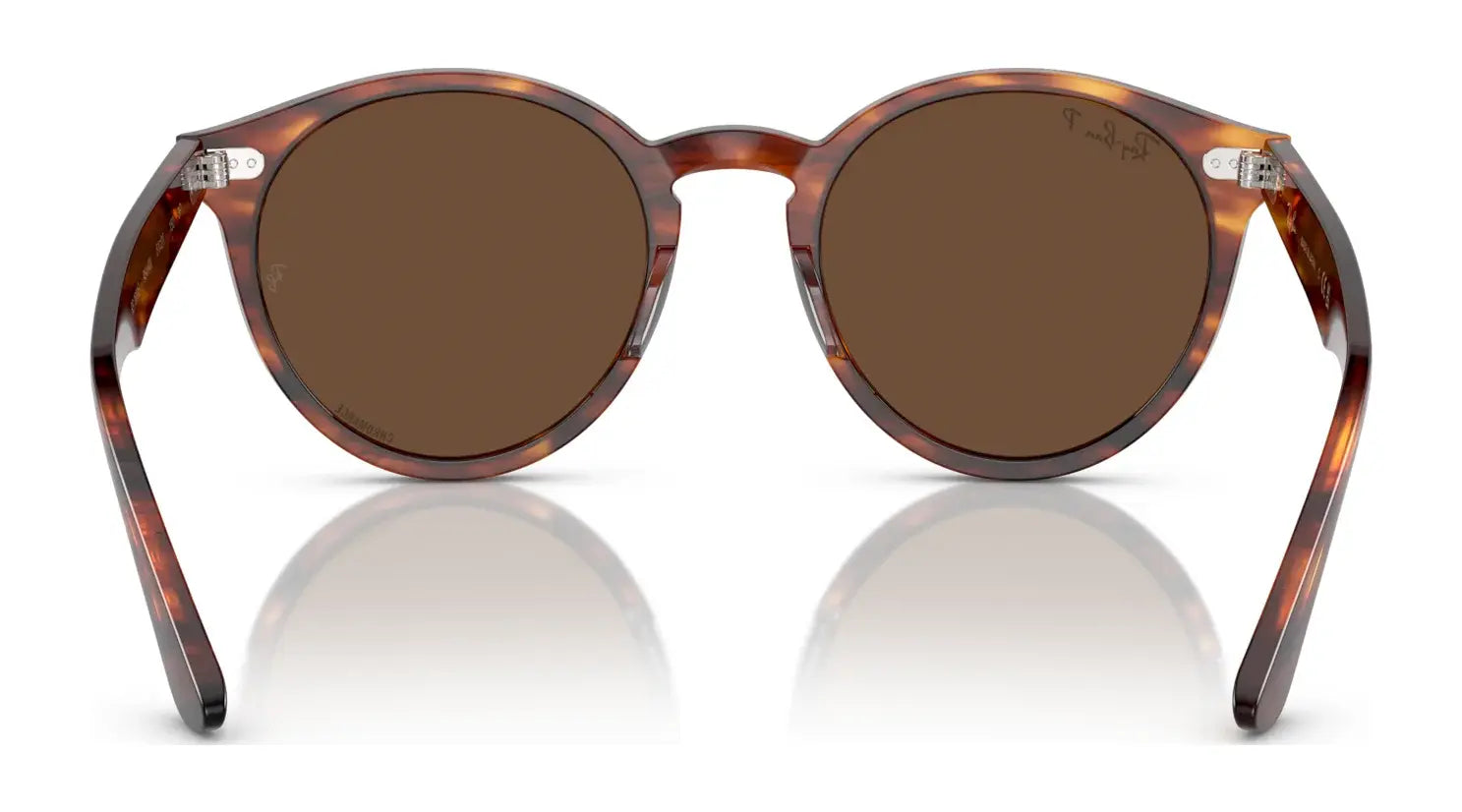 The Ray-Ban LARRY RB7680S, retro round tortoiseshell sunglasses with brown lenses, crafted from premium acetate, are displayed front view on a reflective surface.