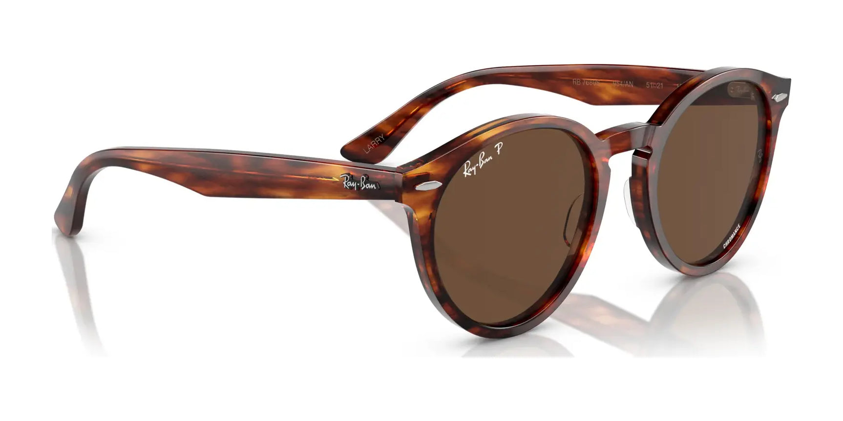 Explore the Ray-Ban LARRY RB7680S Sunglasses featuring a tortoiseshell frame, round brown lenses, and the iconic Ray-Ban logo on the temples, all crafted from premium acetate for a retro vibe.