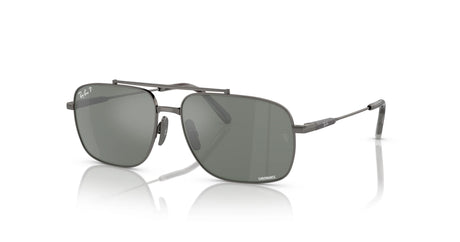 Ray-Ban MICHAEL TITANIUM RB8096 Sunglasses, size 59, featuring silver frames and green lenses with UV protection, displayed on a white background.