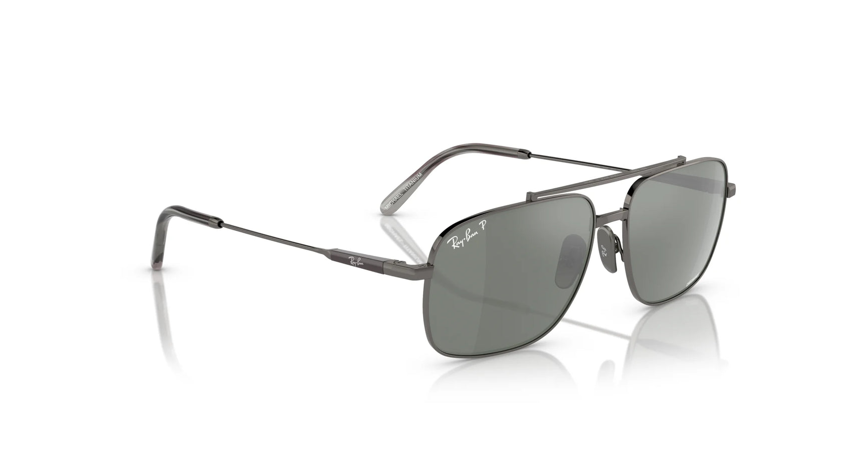 The Ray-Ban MICHAEL TITANIUM RB8096 Sunglasses in size 59, with a sleek titanium design and dark lenses, rest elegantly on a reflective surface, showcasing UV protection and modern style.