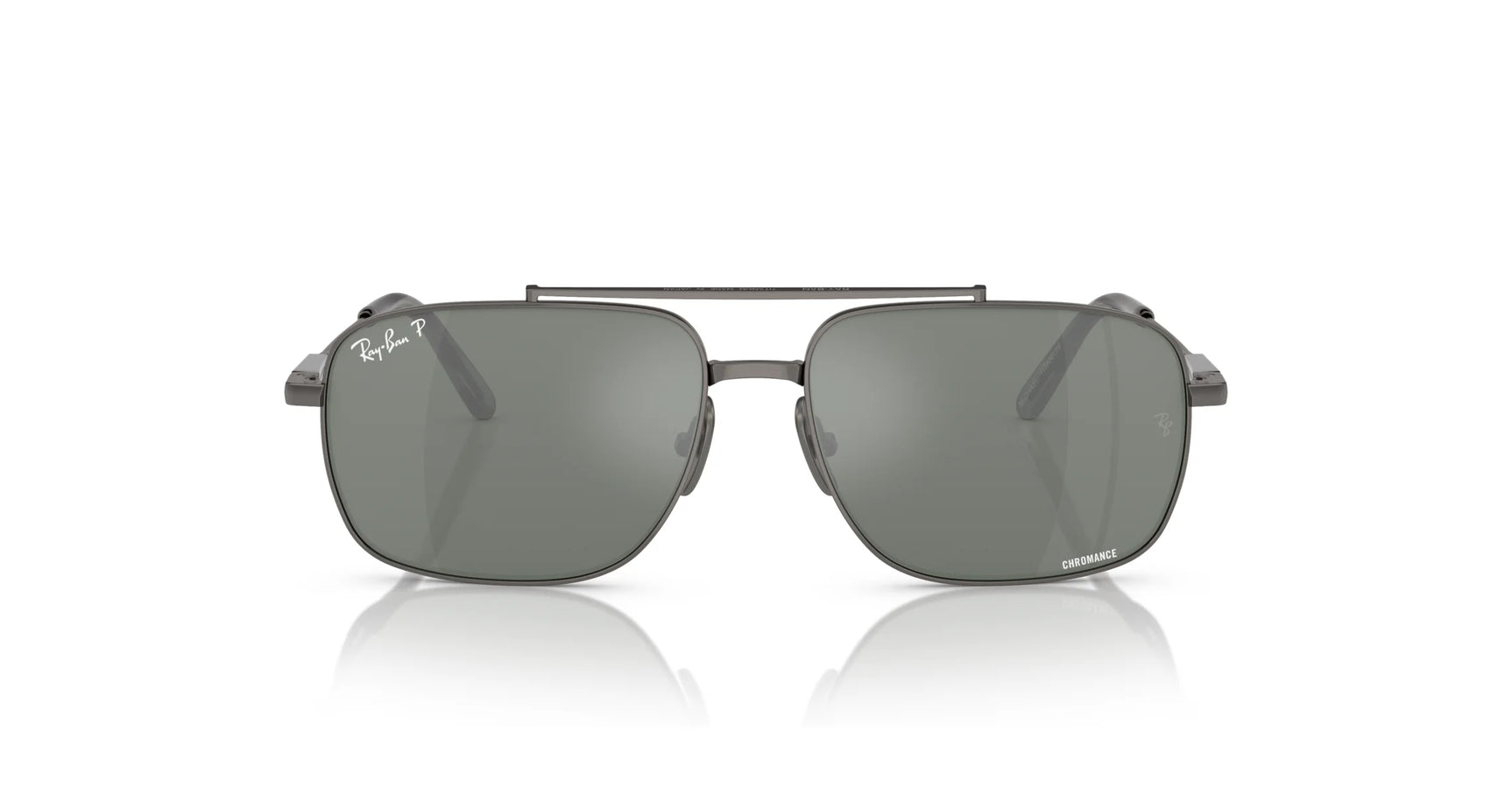 Discover the sleek elegance of Ray-Ban MICHAEL TITANIUM RB8096 sunglasses, featuring green lenses and a metal frame against a crisp white background. These shades offer both style and essential UV protection.