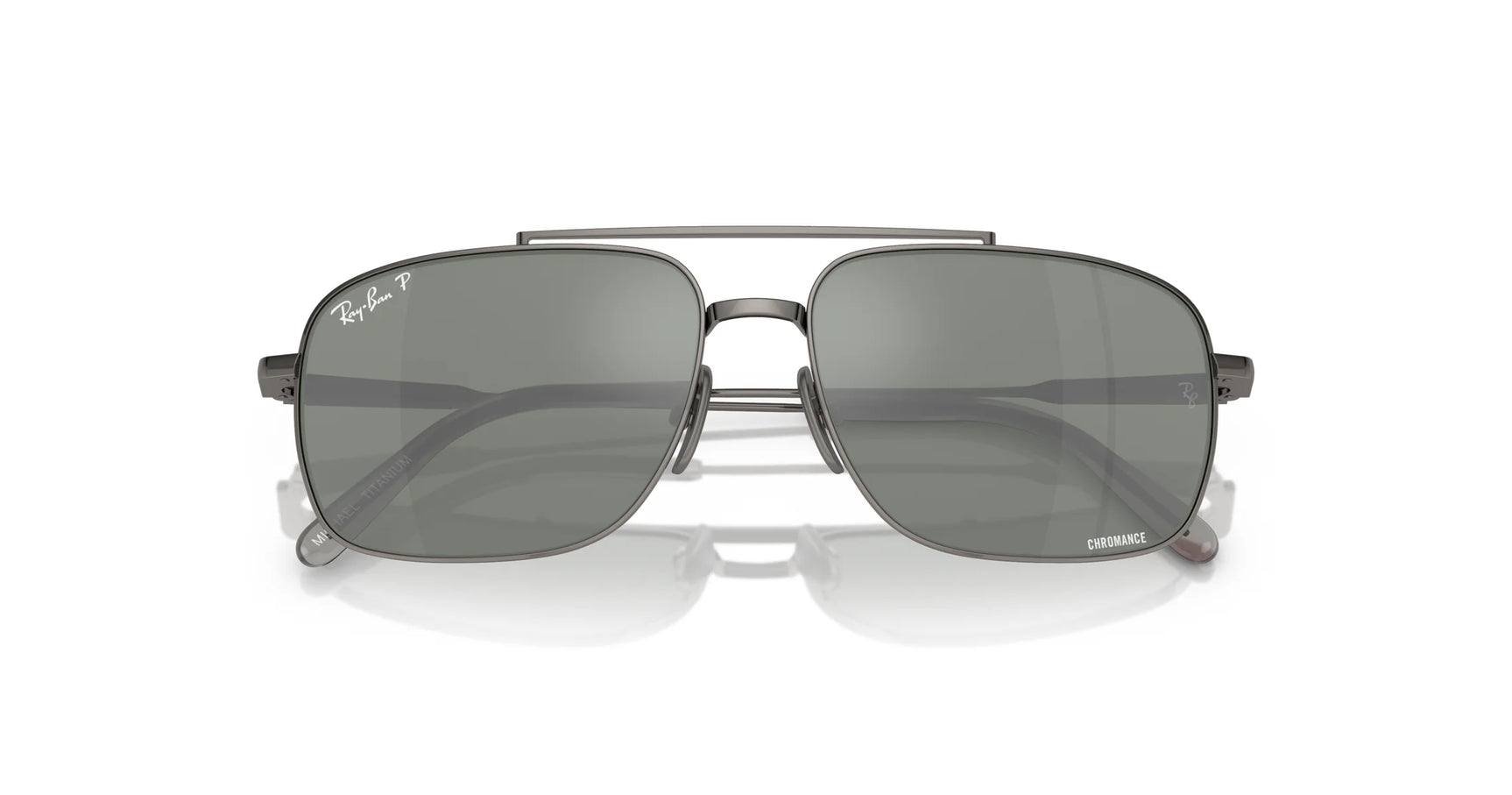 Ray-Ban MICHAEL TITANIUM RB8096 Sunglasses | Size 59 feature green-tinted lenses and a sleek metal frame, providing stylish UV protection on a white background.