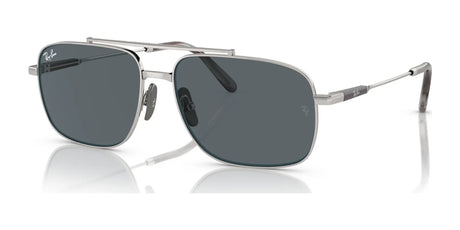 Ray-Ban MICHAEL TITANIUM RB8096 sunglasses, size 59, boast sleek titanium construction with silver frames and dark lenses for optimal UV protection, elegantly showcased on a white background.