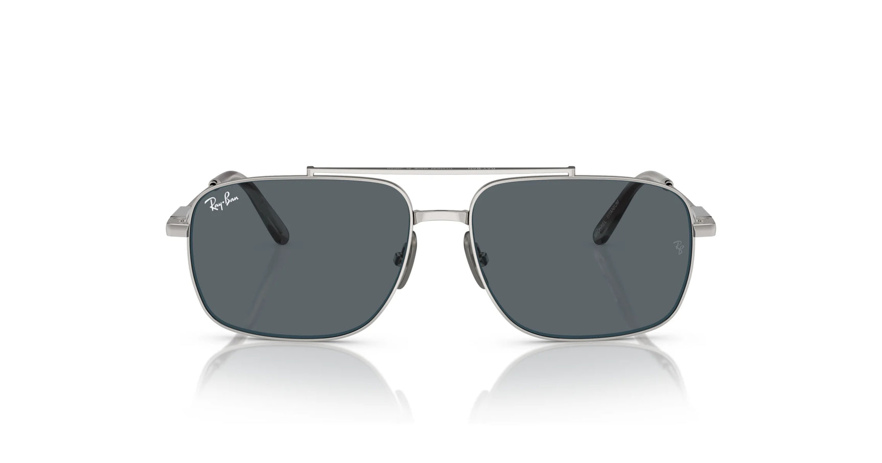 The Ray-Ban MICHAEL TITANIUM RB8096 Sunglasses, size 59, feature dark lenses and a sleek silver metal frame for style and UV protection, shown against a white background.