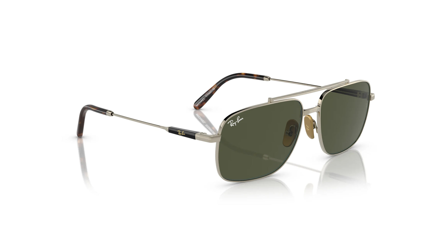 The Ray-Ban MICHAEL TITANIUM RB8096 sunglasses, size 59, feature silver frames, green lenses, and black earpieces. They stylishly reflect light on a white background while offering UV protection.