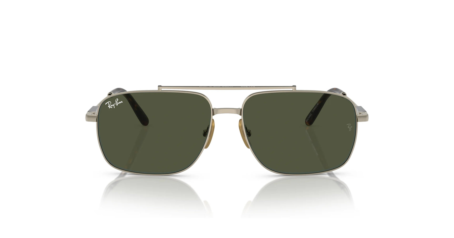 The Ray-Ban MICHAEL TITANIUM RB8096 sunglasses, with a metal frame and square dark green lenses, offer excellent UV protection.