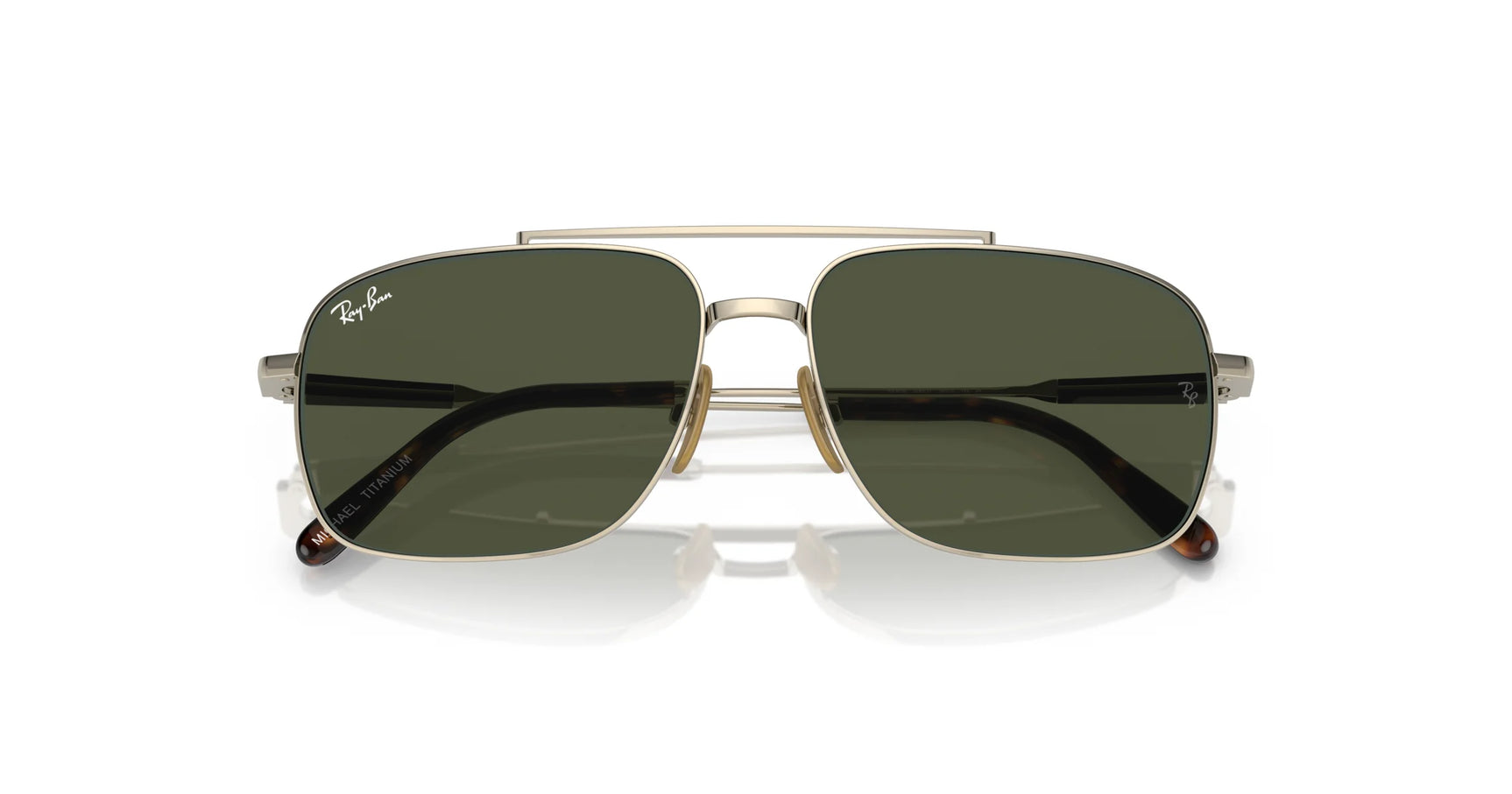 Ray-Ban MICHAEL TITANIUM RB8096 Sunglasses feature a gold frame and dark green rectangular lenses, ensuring superior UV protection, elegantly displayed on a white background. Size 59.