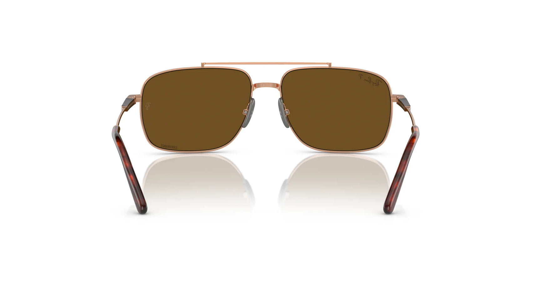 The Ray-Ban MICHAEL TITANIUM RB8096 Sunglasses, featuring a metallic frame and brown lenses, are displayed on a white reflective surface. These stylish sunglasses provide UV protection and enhance your look with their modern design.