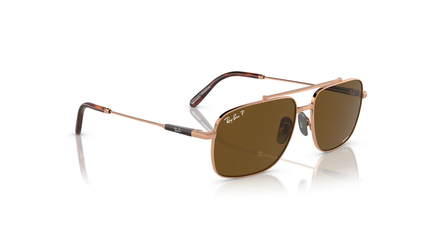 The Ray-Ban MICHAEL TITANIUM RB8096 Sunglasses in size 59 feature stylish brown lenses, thin gold frames, and black earpieces on a white background, providing excellent UV protection.