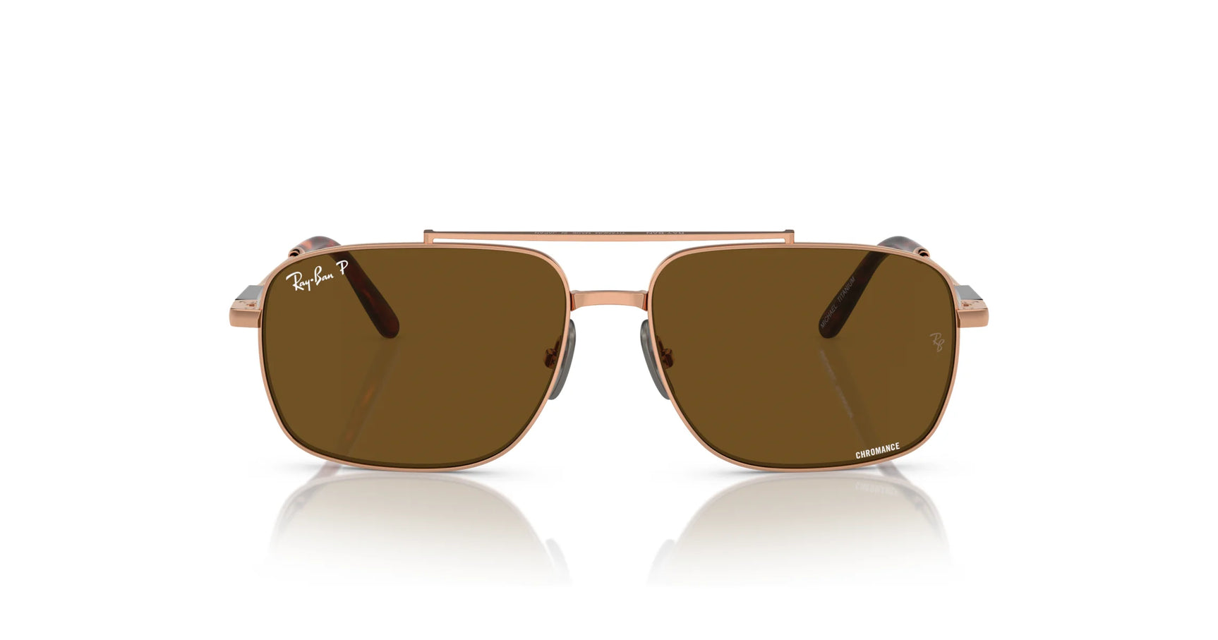 Ray-Ban MICHAEL TITANIUM RB8096 sunglasses with a gold frame and brown lenses provide stylish UV protection against a white background.