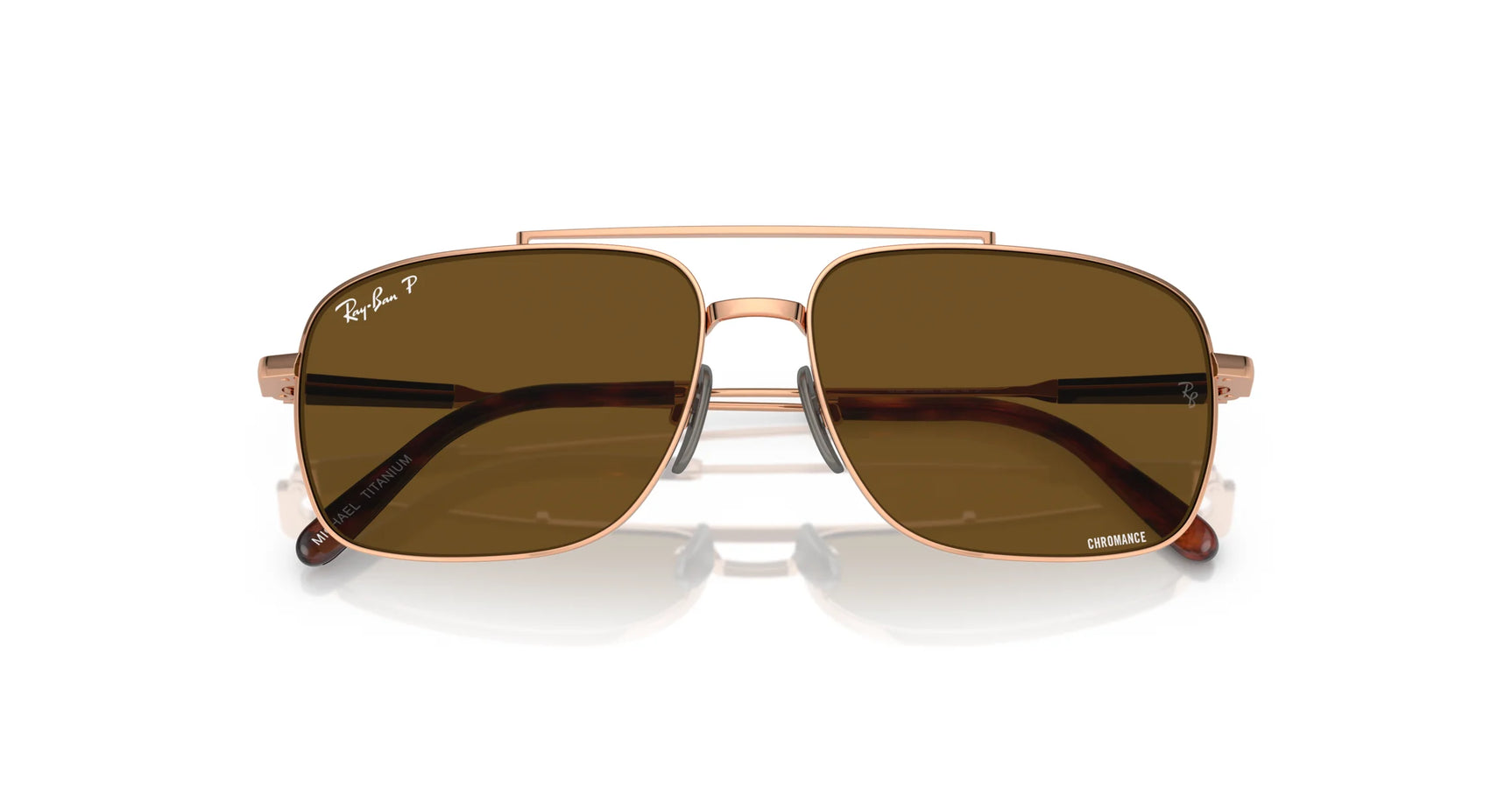 Ray-Ban MICHAEL TITANIUM RB8096 Sunglasses in size 59 offer timeless style with gold frames and dark lenses, providing UV protection on a white background.