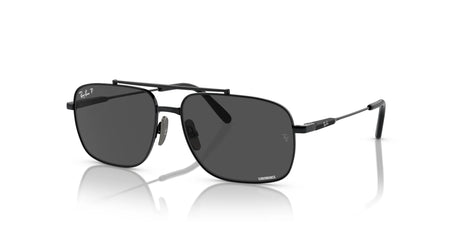 The Ray-Ban MICHAEL TITANIUM RB8096 Sunglasses in size 59 feature a sleek titanium frame and dark lenses, offering premium UV protection. Inspired by iconic Ray-Ban designs, these stylish black aviators are perfectly set against a white background.