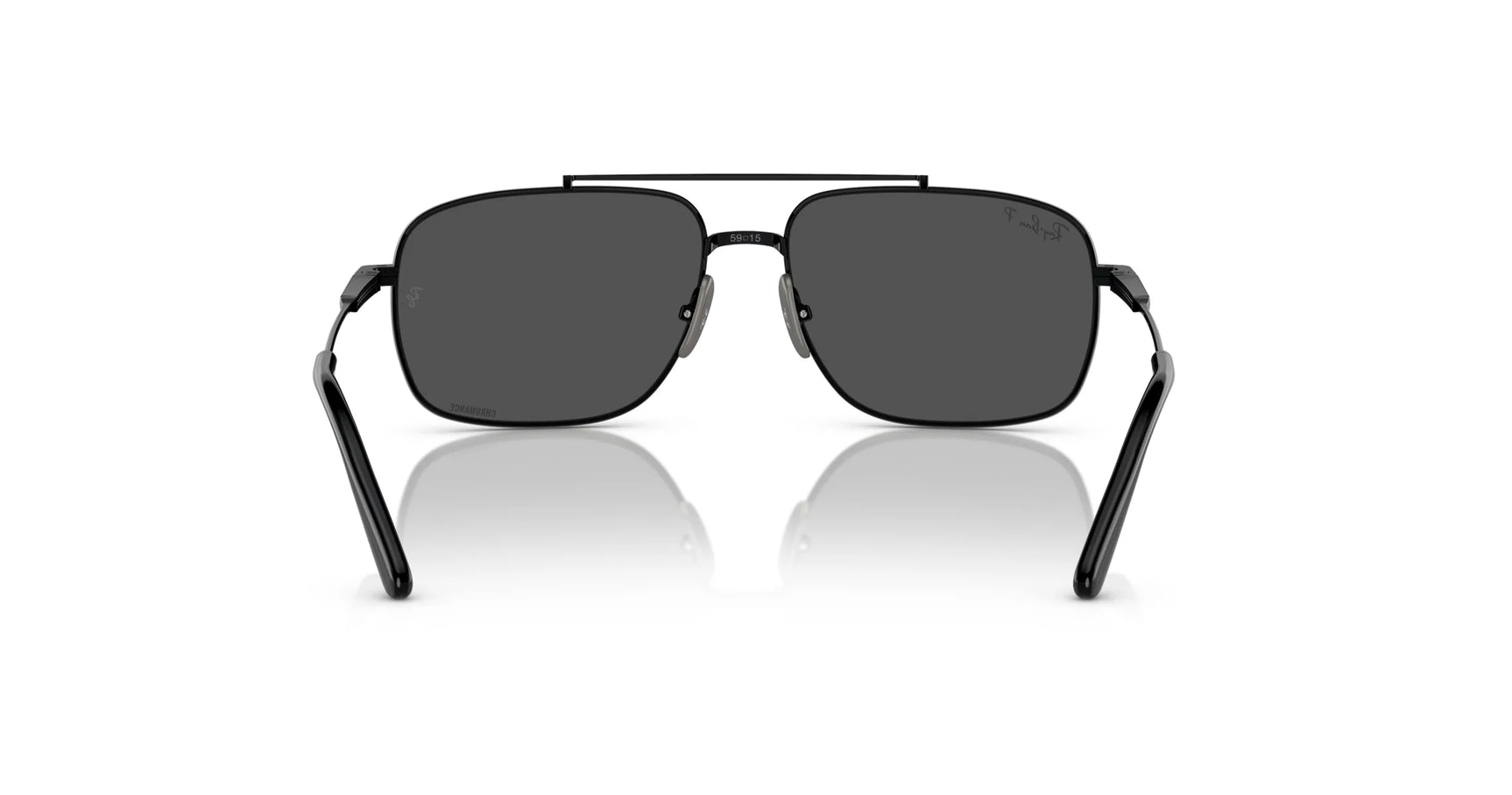 The Ray-Ban MICHAEL TITANIUM RB8096 sunglasses feature a stylish double bridge design with square black frames, dark lenses, and offer UV protection. These chic, sleek titanium sunglasses are beautifully isolated against a white background.