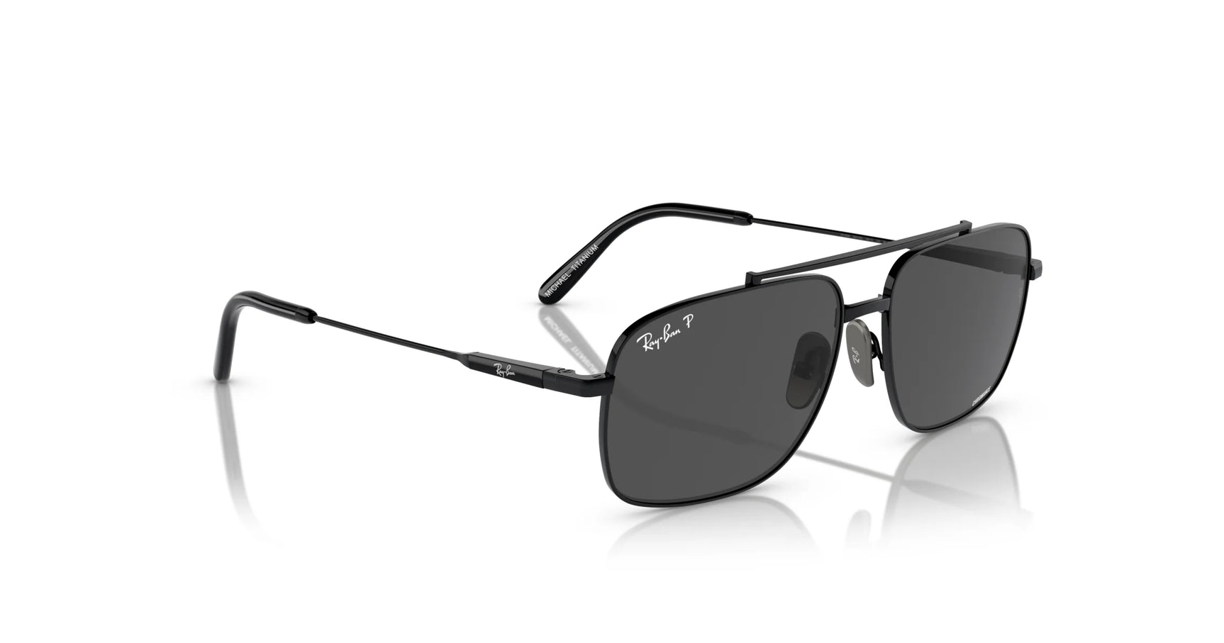 The Ray-Ban MICHAEL TITANIUM RB8096 sunglasses in size 59 feature black rectangular lenses in thin titanium frames, providing UV protection against a white background.