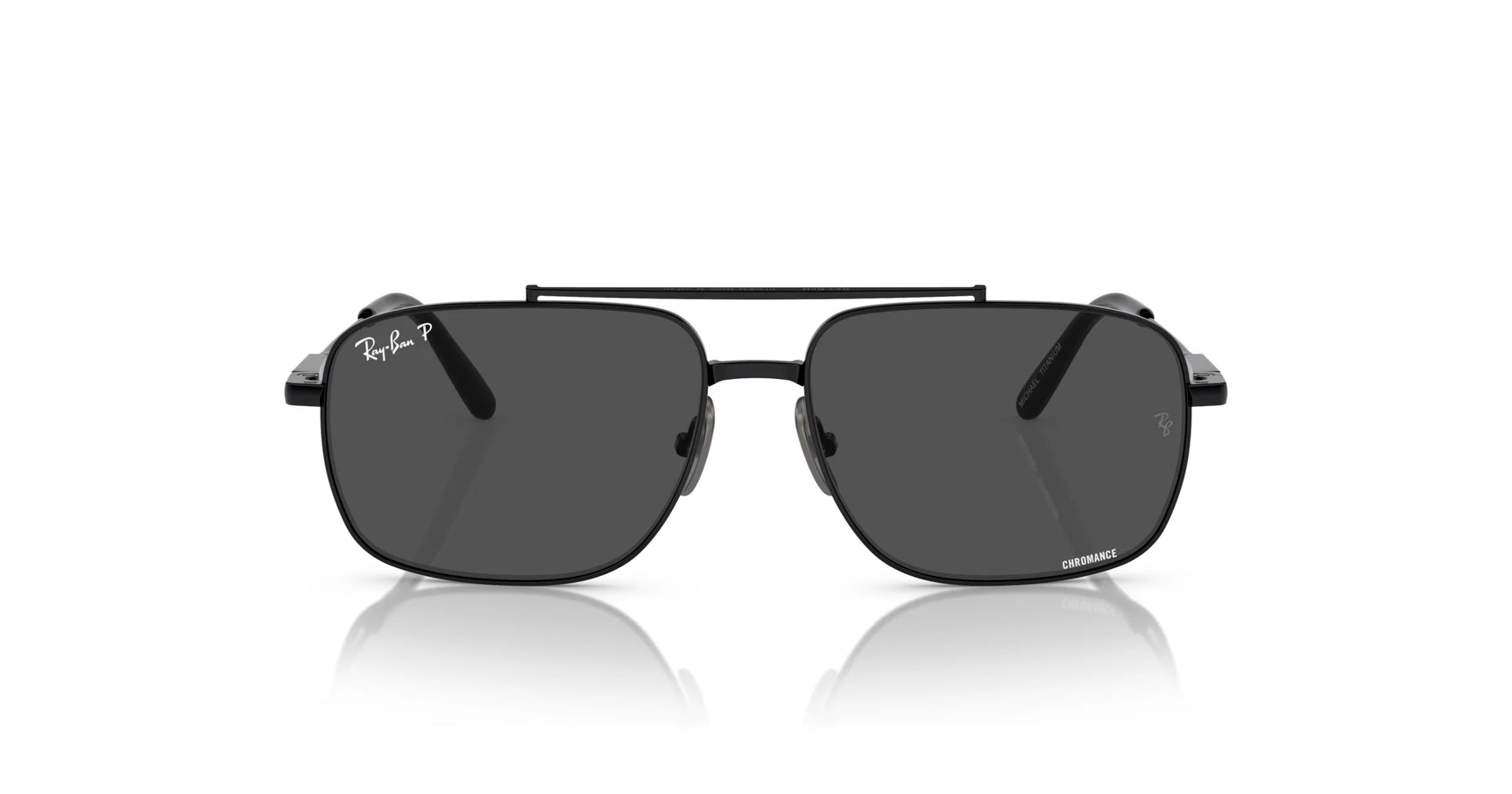 The Ray-Ban MICHAEL TITANIUM RB8096 Sunglasses in sleek black offer a stylish square design with dark lenses and reflective surfaces, providing exceptional UV protection.