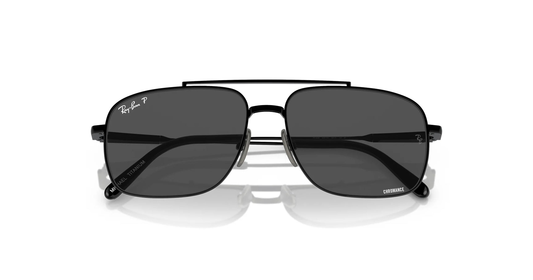 The Ray-Ban MICHAEL TITANIUM RB8096 Sunglasses in size 59 feature black frames with rectangular lenses, showcasing the Ray-Ban logo on the top corner. Designed for both style and safety, they come with UV protection.