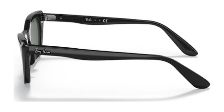 Side view of Ray-Ban MISS BURBANK RJ9099S Sunglasses, size 45, featuring black frames and green lenses with UV protection on a white background.