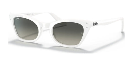 These Ray-Ban MISS BURBANK RJ9099S Cat Eye sunglasses, size 45, boast white frames with dark lenses and a sleek logo, offering essential UV protection.