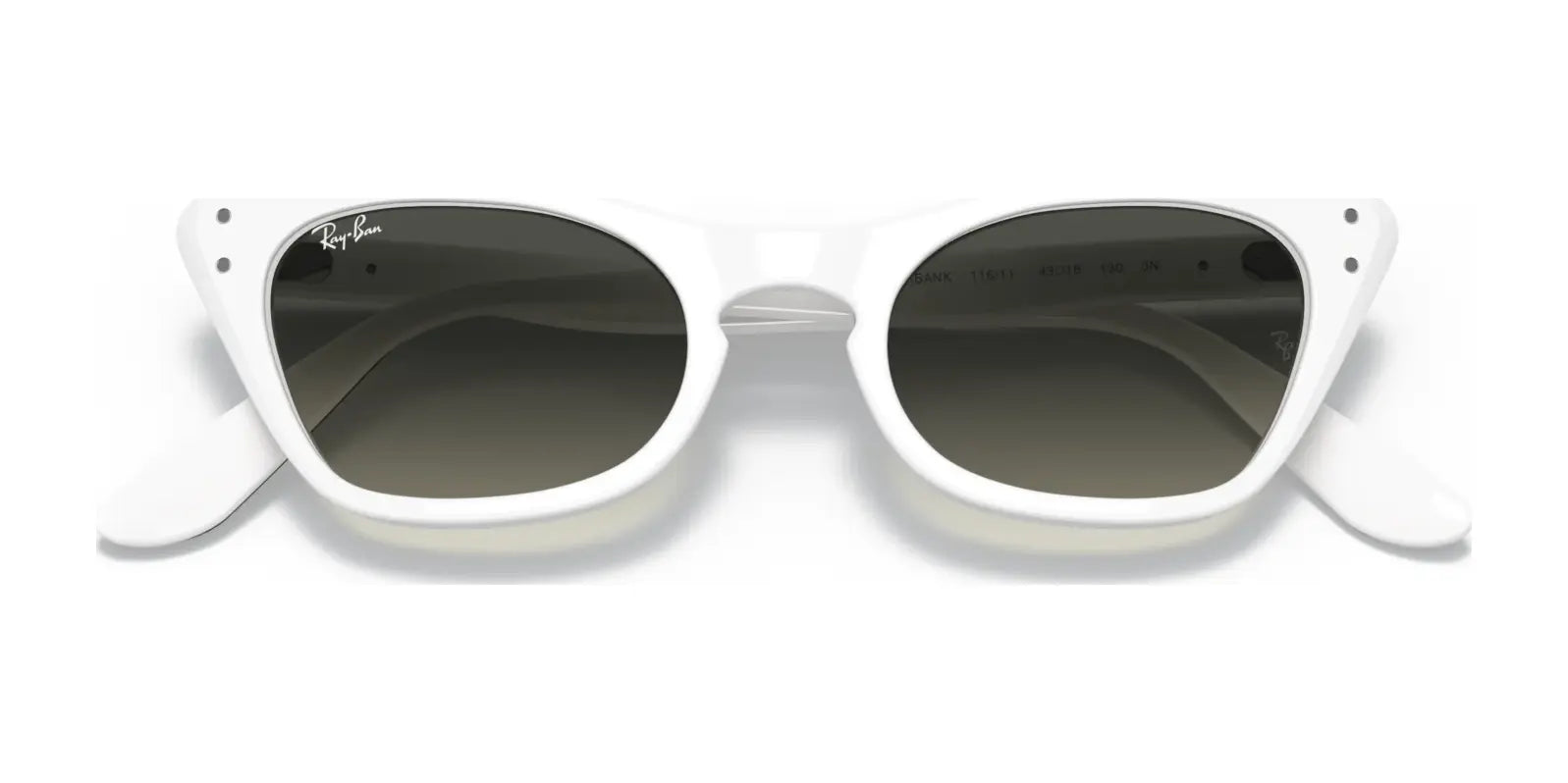 The Ray-Ban MISS BURBANK RJ9099S Sunglasses, size 45, feature a white cat eye frame with dark lenses that offer UV protection, set against a plain background.