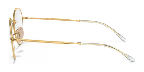 Side view of Ray-Ban DAVID RX3582V eyeglasses featuring a luxurious gold frame, thin arms, and clear ear tips, elegantly displayed on a white background. Ready for prescription lenses to suit your vision needs.