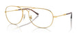 The Ray-Ban BAIN BRIDGE RX3735V eyeglasses feature gold-rimmed aviator frames, adjustable nose pads, and clear lenses, exemplifying the iconic Ray-Ban style in a sleek side view.