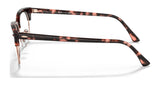 Side view of Ray-Ban CLUBMASTER SQUARE RX3916V eyeglasses in tortoiseshell, showcasing thin gold metal arms and gracefully curved earpieces, epitomizing the timeless style of Ray-Ban.