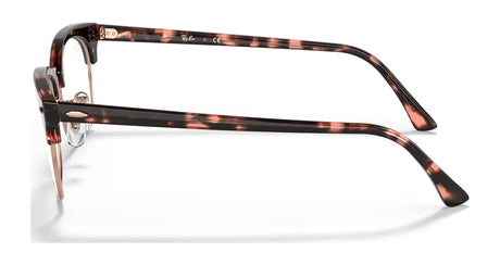 Side view of Ray-Ban CLUBMASTER SQUARE RX3916V eyeglasses in tortoiseshell, showcasing thin gold metal arms and gracefully curved earpieces, epitomizing the timeless style of Ray-Ban.