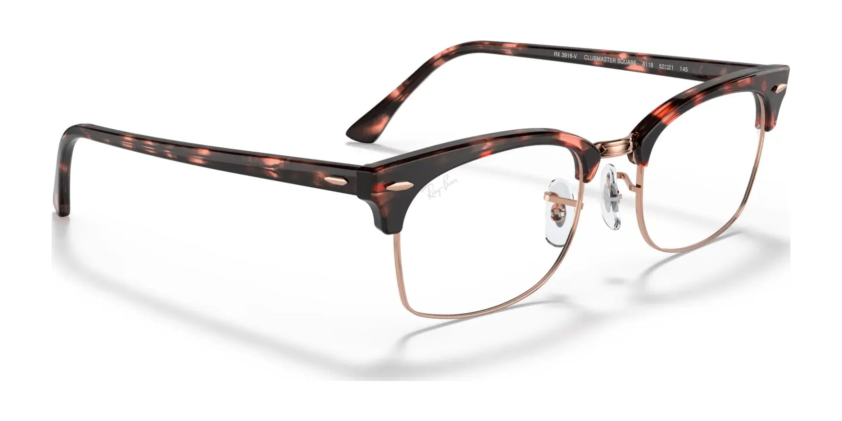 The Ray-Ban CLUBMASTER SQUARE RX3916V eyeglasses, size 52, boast a striking brown tortoiseshell frame complemented by a sleek gold metal bridge and arms, all beautifully presented on a white background.