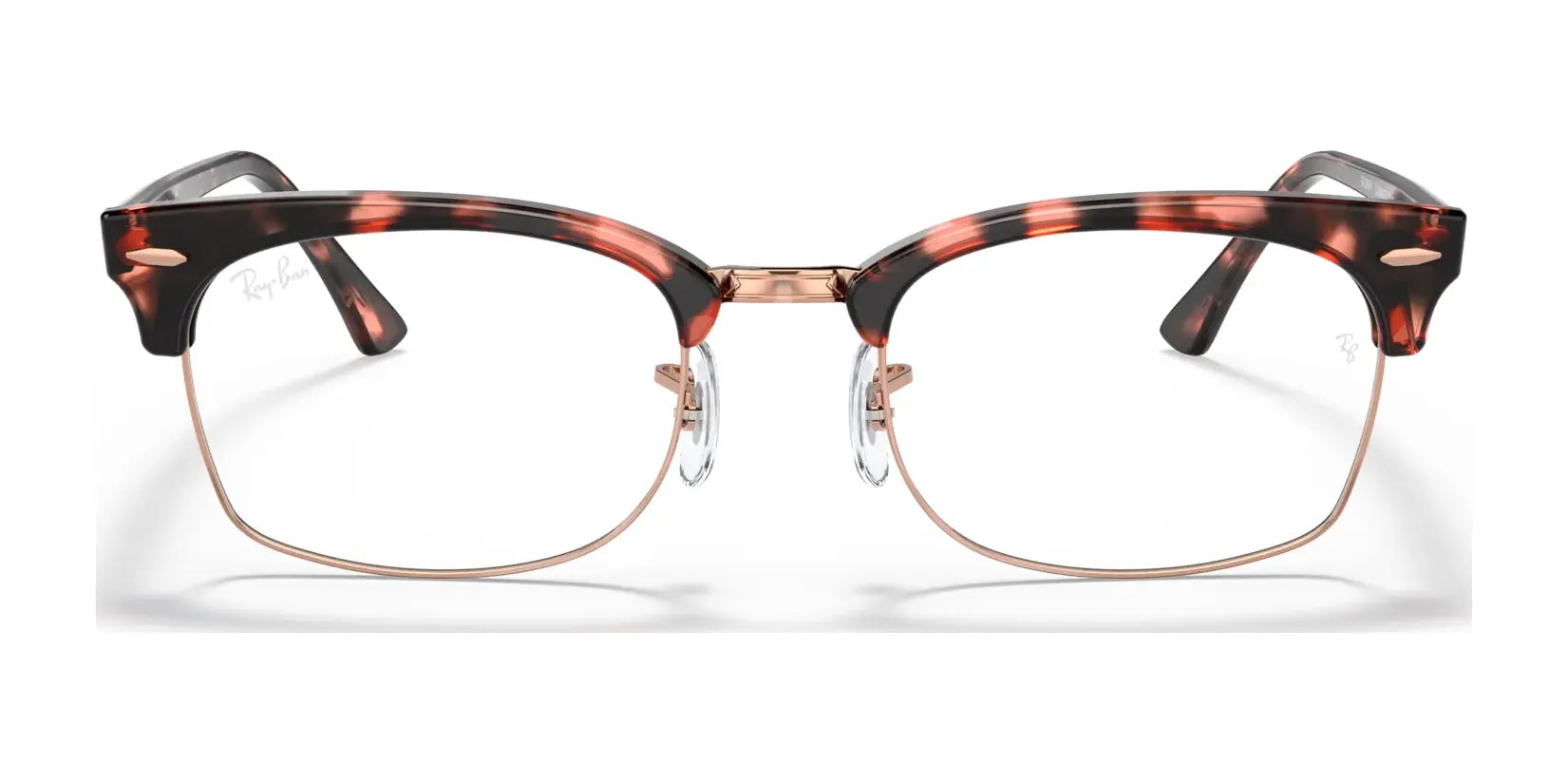 The Ray-Ban CLUBMASTER SQUARE RX3916V Eyeglasses, Size 52, boast a stylish tortoiseshell frame complemented by a refined gold metal bridge and transparent nose pads for enhanced comfort.