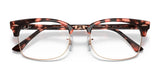 The Ray-Ban CLUBMASTER SQUARE RX3916V Eyeglasses in size 52 showcase a tortoiseshell and gold rectangular frame with a sleek metal bridge, embodying the iconic Clubmaster Square design when viewed from the front.