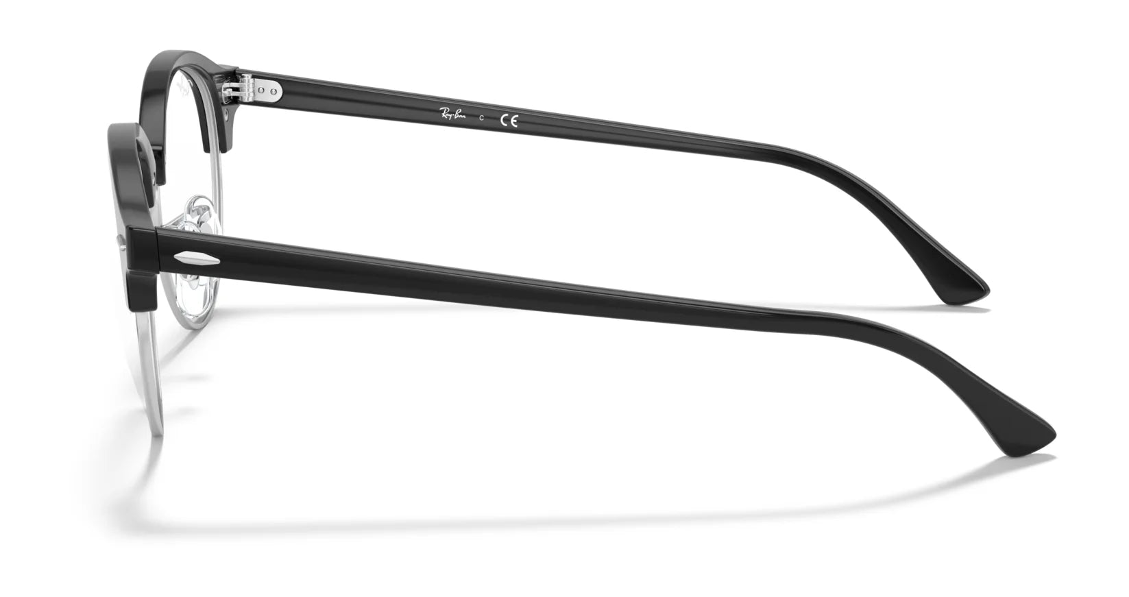 The Ray-Ban CLUBROUND RX4246V Eyeglasses in Size 49 showcase black rectangular frames with clear lenses, viewed from the side, highlighting their thin frames and sleek temple arms.